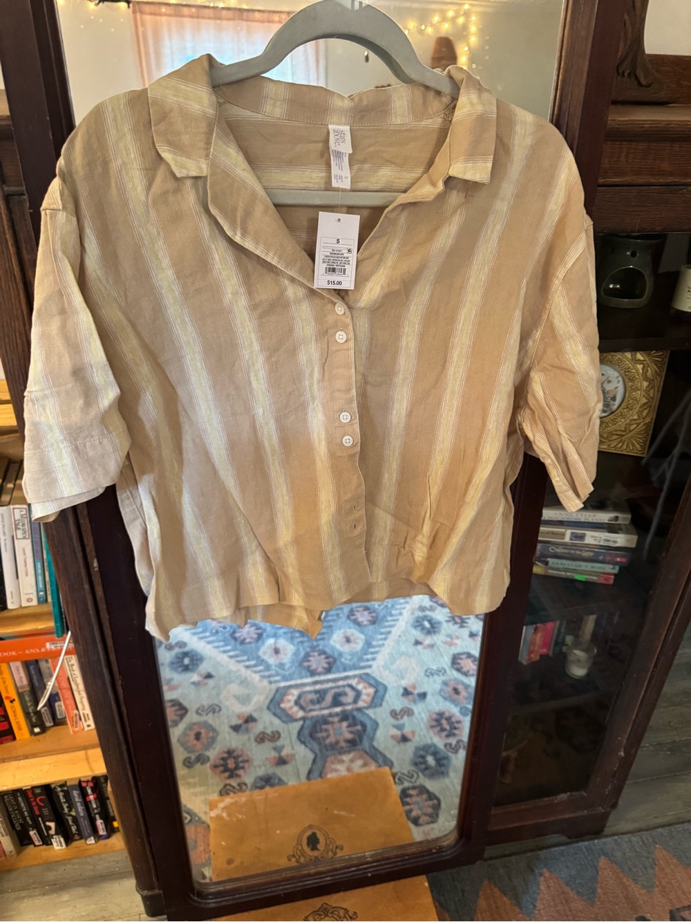 Striped Lightweight Button Front Top in Beige and Cream NWT